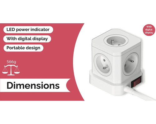 Rozbočovací zásuvka s LED indikátorem napájení, digitálním displejem a přenosným designem
