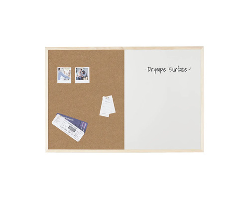 Kombinace korkové tabule a tabule s mazatelným povrchem v dřevěném rámu