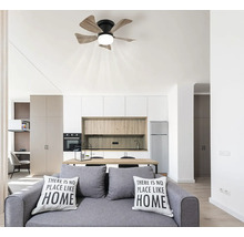 Obývací pokoj se stropním ventilátorem, pohovkou a kuchyní