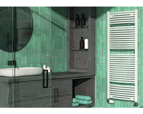 Designové topné těleso ROTHEIGNER kombinovaný provoz teplá voda 1495 x 595 x 112-128 mm připojení 1 dole oboustranně Koupelna s umyvadlem, zrcadlem, topným žebříkem a úložným prostorem