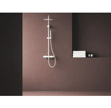 Sprchový systém s hlavovou sprchou, ruční sprchou, sprchovou tyčí a termostatickou baterií v koupelně.