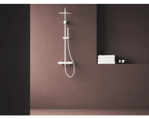 Sprchový systém s hlavovou sprchou, ruční sprchou, sprchovou tyčí a termostatickou baterií v koupelně.
