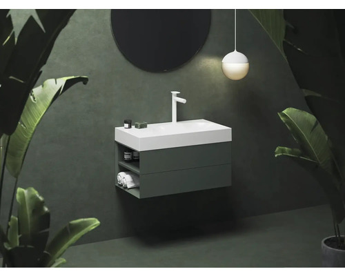 Koupelna s umyvadlovou skříňkou, umyvadlem, zrcadlem a pokojovými rostlinami