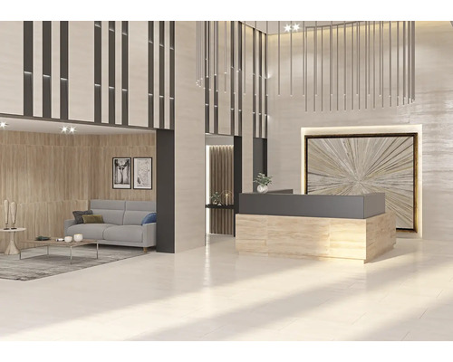 Interiér s recepcí, posezením a dekorativními prvky