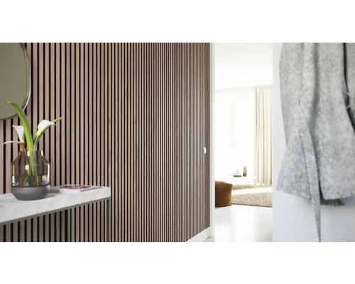 Interiérová fotografie moderně navržené chodby s nástěnnými panely, které vytvářejí stylovou a akusticky optimalizovanou atmosféru.