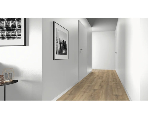Světlá chodba s laminátovou podlahou, dveřmi a nástěnnými obrazy
