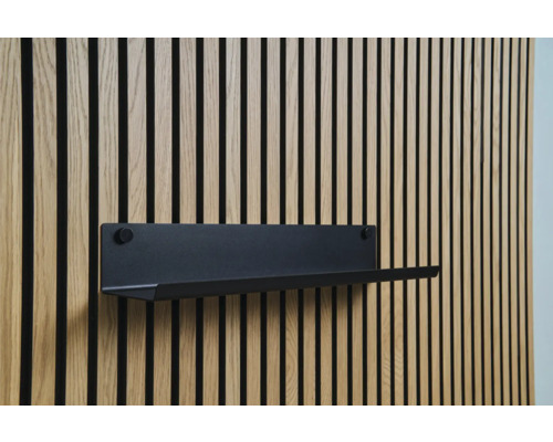 Sonava Function police široká střední 570 x 90 x 140 mm Černá nástěnná police na dřevěné obkladové stěně