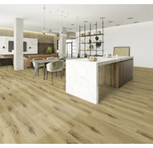 Světlý obývací pokoj s dřevěnou podlahou, jídelním stolem a kuchyňským ostrovem