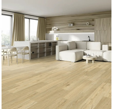 Světlý obývací pokoj s dřevěnou podlahou, pohovkou a kuchyňským koutem