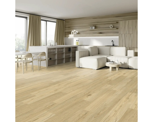 Světlý obývací pokoj s dřevěnou podlahou, pohovkou a kuchyňským koutem