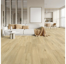 Světlý obývací pokoj s dřevěnou podlahou, pohovkou, stolem a kuchyňským koutem.