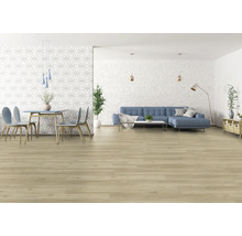 Světlý obývací pokoj s dřevěnou podlahou, pohovkou a jídelním stolem