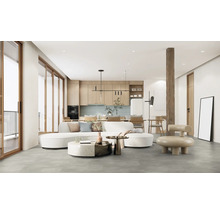 Obývací pokoj s pohovkou, kuchyňským pultem a dřevěnými prvky pro moderní bydlení