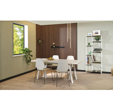 Jídelna s jídelním stolem, židlemi a regálem