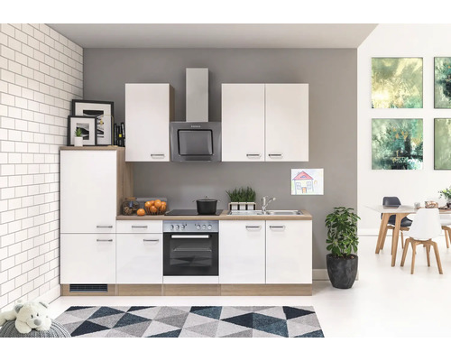 Kuchyňský blok Flex Well Valero 270 cm barva čela bílá vysoce lesklá barva korpusu sonoma dub