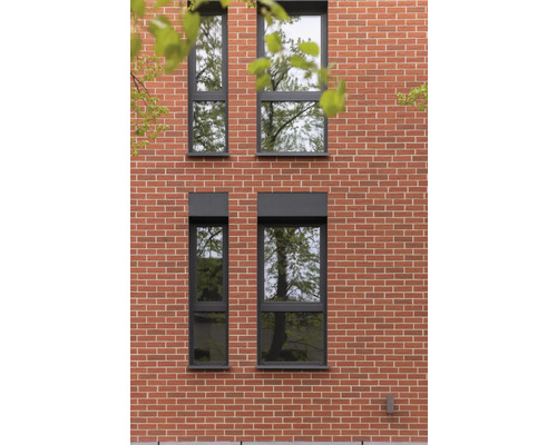 Fasáda se čtyřmi okny s tmavým rámem