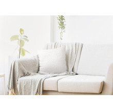 Světlý obývací pokoj s pohovkou, polštářem a přehozem