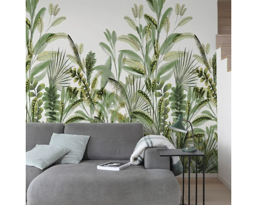 Obývací pokoj s fototapetou s motivy džungle