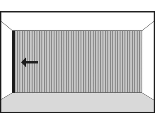 Ilustrace dřevěného posuvného dveřního systému se šipkou označující směr posuvu