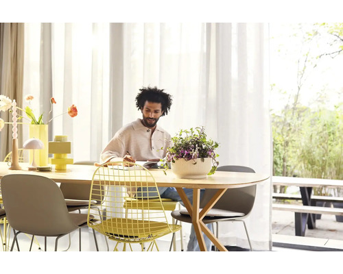 Světlá jídelna s jídelním stolem, židlemi a osobou, která píše