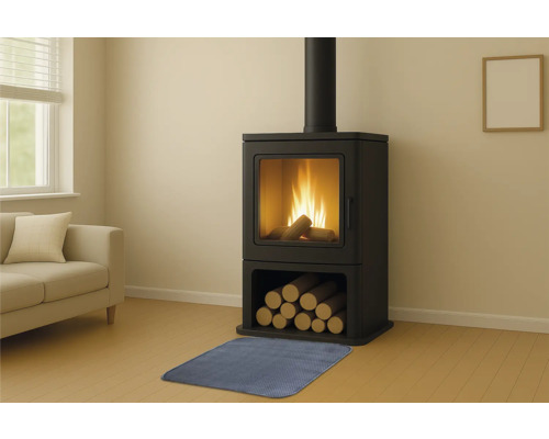 Krbová kamna s poleny a podložkou v obývacím pokoji.