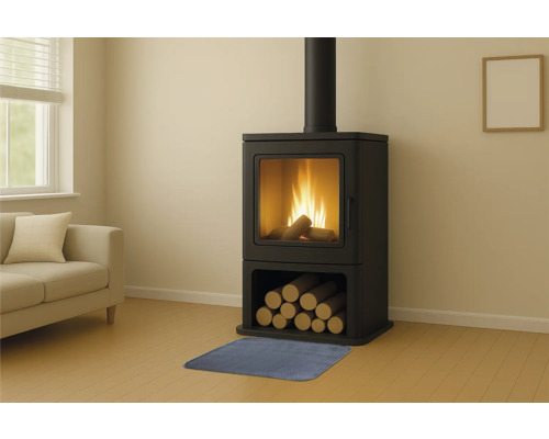 Obývací pokoj s krbovými kamny, poleny a podložkou před kamna