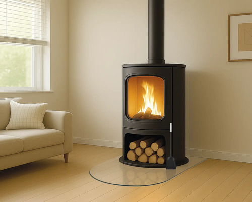 Hořící krbová kamna v obývacím pokoji s poleny a krbovou soupravou