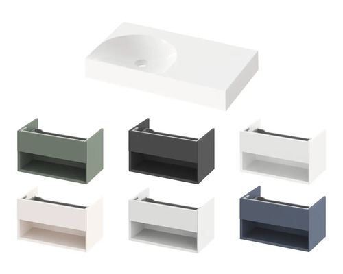 Umyvadlová deska s umyvadlem a skříňky pod umyvadlo v různých barvách