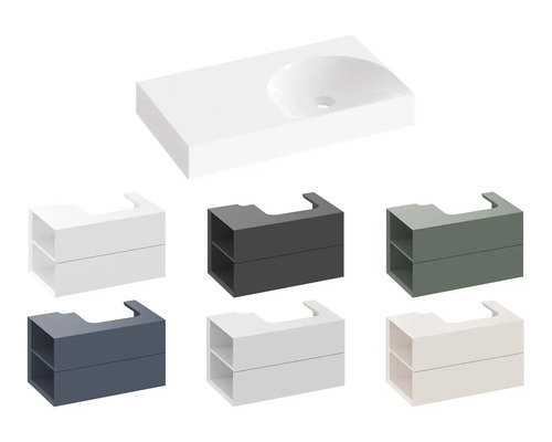 Různý koupelnový nábytek s umyvadlovou skříňkou a umyvadlem