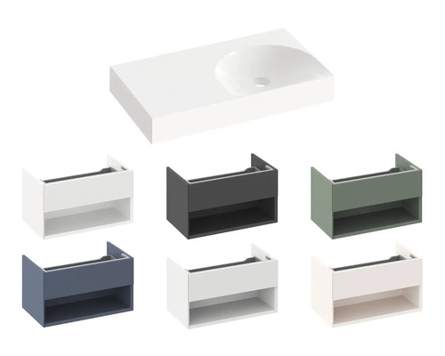 Umyvadlová deska a umyvadlová skříňka v různých provedeních pro koupelnu