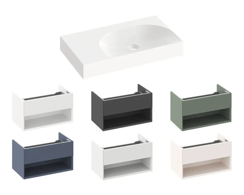 Umyvadlová deska a různé umyvadlové skříňky pro koupelnu