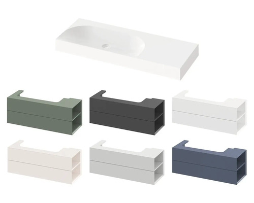 Umyvadlo s umyvadlovými skříňkami v různých barvách