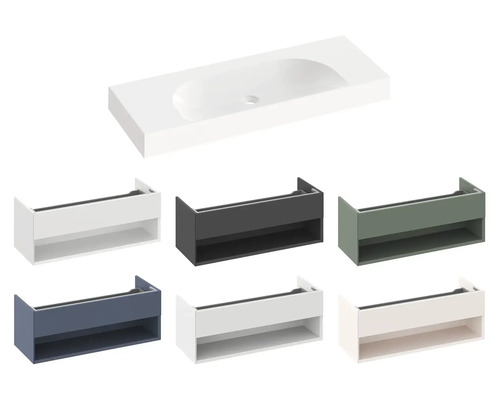 Umyvadlová deska s odpovídajícími skříňkami pod umyvadlo v různých provedeních
