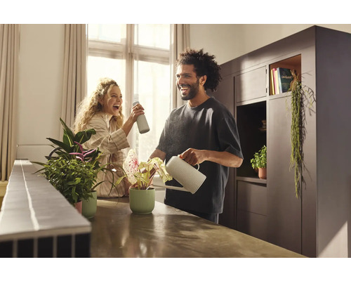 Usmívající se pár zalévá pokojové rostliny konví a rozprašovačem ve světlé místnosti