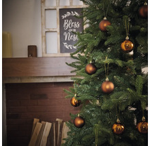 Zdobený vánoční strom s koulemi před krbem