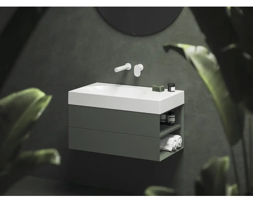 Umyvadlová skříňka se dvěma zásuvkami a úložným prostorem pro koupelnové doplňky.