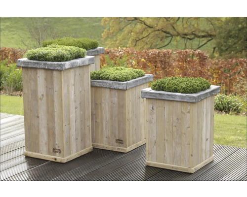 Několik dřevěných květináčů se zelenými rostlinami na zahradě.