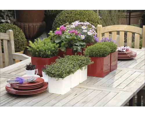 Dekorativní zahradní stůl s červenými a bílými květináči a nádobím.