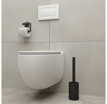 Závěsná toaleta s držákem na toaletní papír a toaletní kartáč v koupelně.