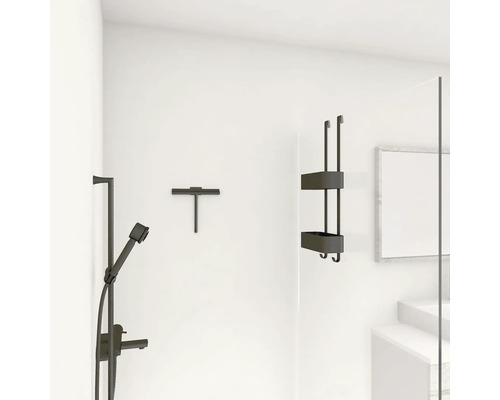 Koupelna s sprchovou armaturou, stěrkou a sprchovou policí