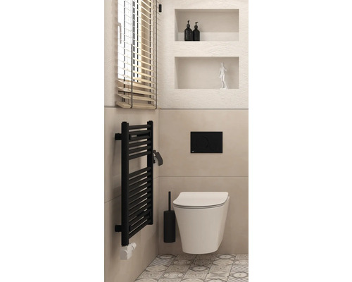 Designové topné těleso ROTHEIGNER teplá voda kombinovaný provoz 690 x 600 x 35 mm připojení 1 dole oboustranně Moderní koupelna s toaletou, radiátorem a žaluziemi