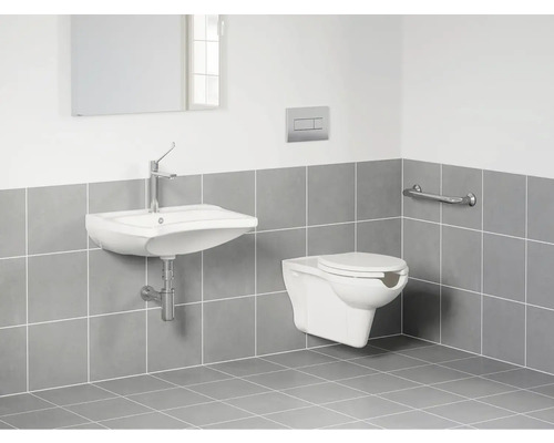 Bezbariérová koupelna se závěsným WC, umyvadlem, podpěrným madlem a obklady