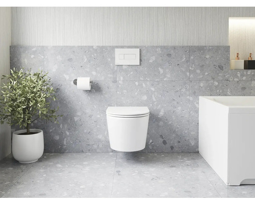 Moderní koupelna se závěsným WC, vanou a rostlinou