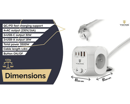 Prodlužovací přívod s USB porty a síťovou zástrčkou od společnosti Viking Technology