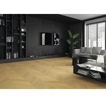 Obývací pokoj se světle hnědou parketovou podlahou do rybí kosti, černou knihovnou a pohovkou