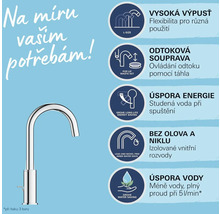 Produktový obrázek s informacemi o vlastnostech baterie, jako je výška výtoku, odtoková souprava, funkce pro úsporu energie a vody a vnitřní vodovodní cesty bez olova a niklu.