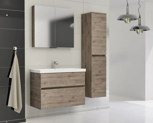 Moderní koupelnový komplet s umyvadlovou skříňkou, zrcadlovou skříňkou a vysokou skříní