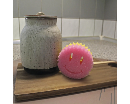 Keramická dóza s víkem a mycí houba s obličejem smajlíka na dřevěném prkénku