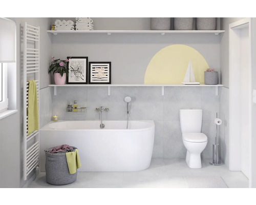 Dlažba imitace betonu Rubi šedá 60 x 60 cm Světlá koupelna s vanou, toaletou a radiátorem