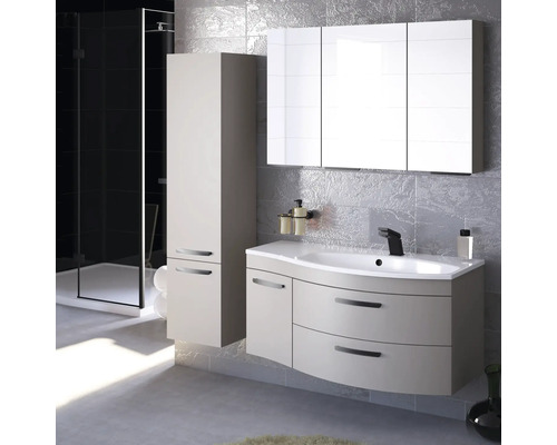 Moderní koupelnový set s umyvadlem, zrcadlovou skříňkou a vysokou skříní pro stylové prostředí